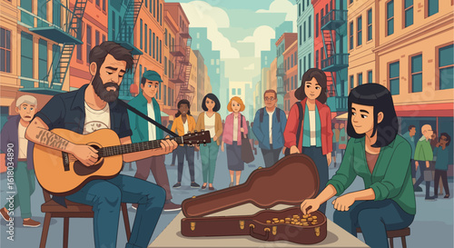 Street Musician Playing Guitar with Assistant Collecting Coins in Cityscape