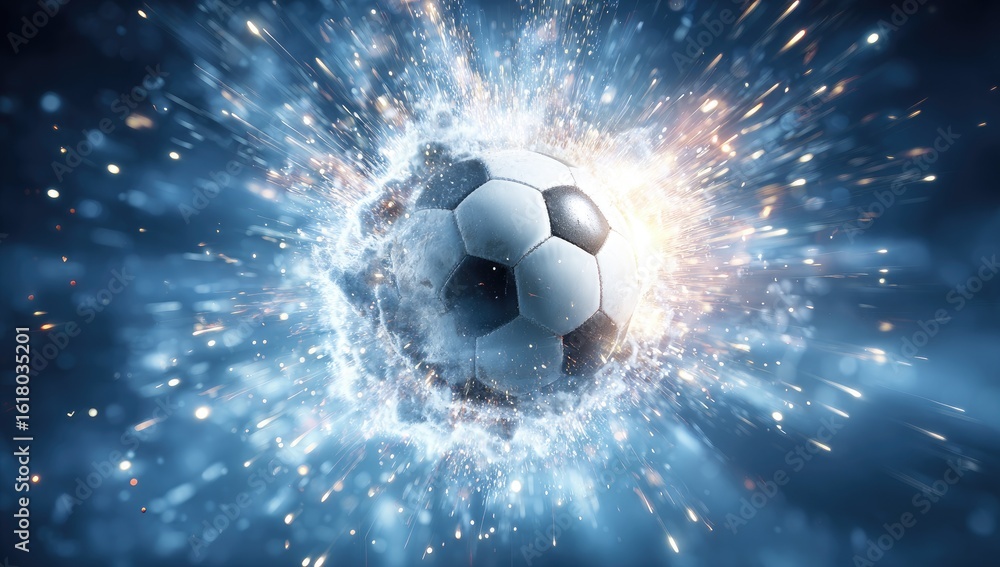 Naklejka premium A soccer ball explodes in a burst of white-hot energy, surrounded by glowing blue sparks against a dark background. The image is dynamic and energetic