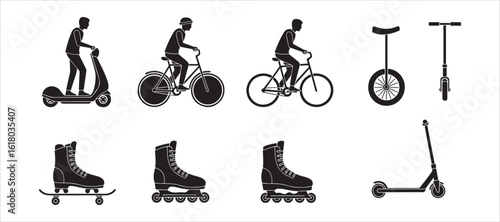 Black Silhouette Icon Set for Electric Urban Transport Rentals. Man on Gyroscooter, Bike, Roller Skate, Kick Scooter, and Unicycle Glyphs.