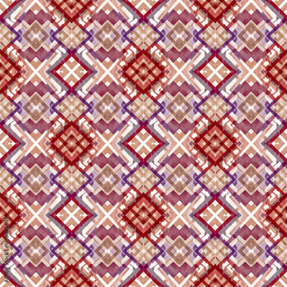 Fototapeta premium Watercolor mudmee silk seamless pattern with geometric Thai motifs, traditional Isan textile design