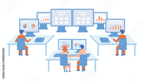 Illustration of people working at desks with monitors displaying data charts and graphs in an office space