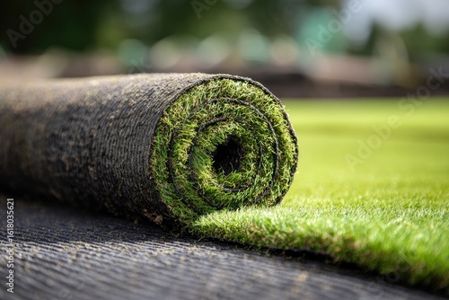 A tightly rolled synthetic turf roll partially unfurled, revealing vibrant green blades against a dark backing, situated outdoors on a partially installed surface