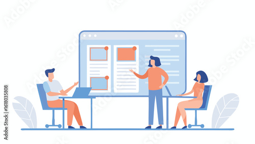 Illustration of three people in a meeting with laptops and a large screen displaying information and designs