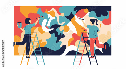 Two Artists Painting a Vibrant Abstract Mural