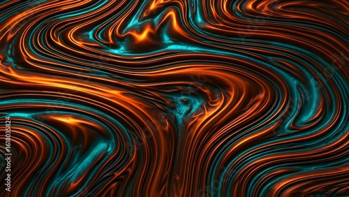Abstract background of molten metal with orange and turquoise liquid waves.