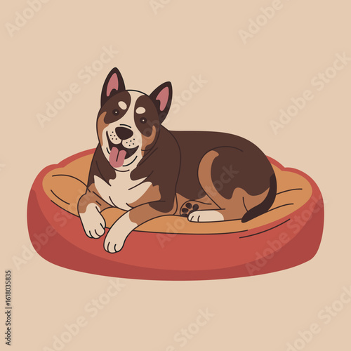 Happy dog resting comfortably in a cozy pet bed on beige background  