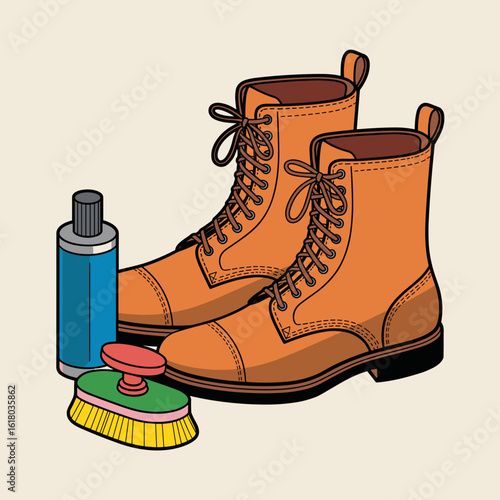 Brown leather boots with shoe polish and cleaning brush kit  