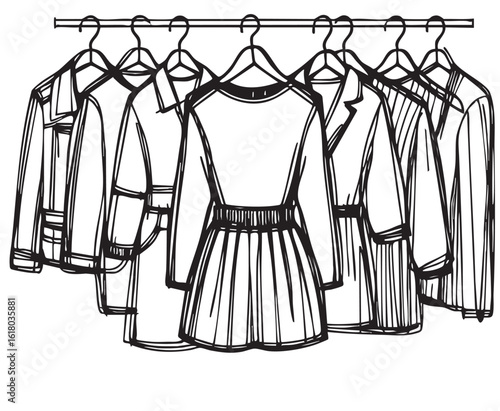 Hand drawn wardrobe sketch. Clothes on the hangers, dress