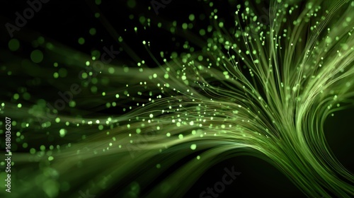 Futuristic luminous plant with glowing digital veins and light pollen particles, abstract intersection of biotechnology and nature for green tech branding and sci-fi editorial