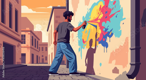 Urban artist creating vibrant graffiti mural on a city wall with spray paint.