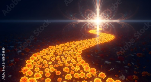 Spiritual path of marigold flowers (cempasúchil) guiding souls to the light on Día de los Muertos, the Day of the Dead. AI generated.

