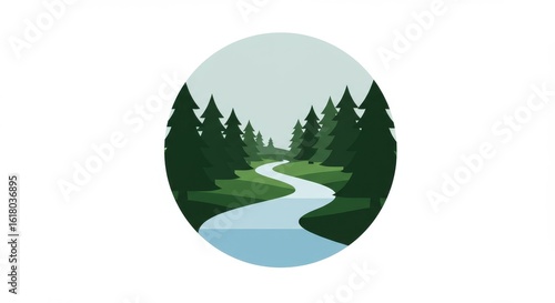 Serene landscape illustration featuring a winding river flowing through a dense evergreen forest, set within a circular frame.