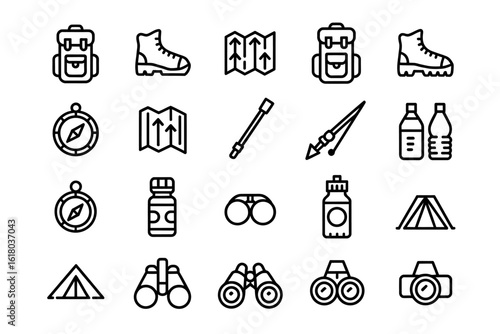 Minimalist Hiking and Camping Gear Icons Set for Outdoor Adventures and Exploration