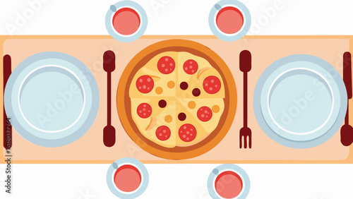 Overhead view of a pizza on a table with plates, cups, forks and spoons arranged for a meal setting