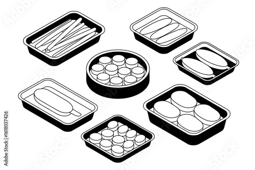 Black and White Illustration of Food in Containers Ready for Packaging and Consumption Variety of Options for Different Tastes