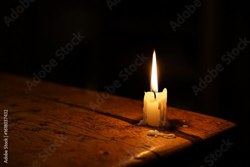 Burning candle on wooden table flame light