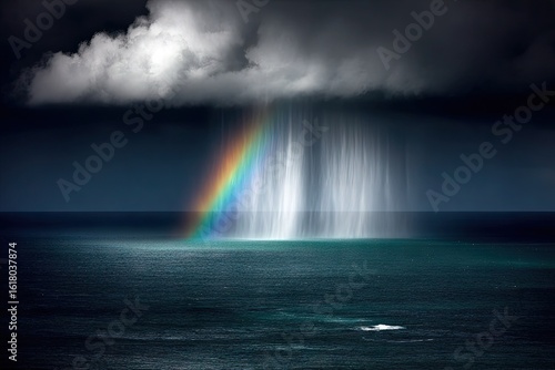 Dramatic rainbow emerging from a stormy sea