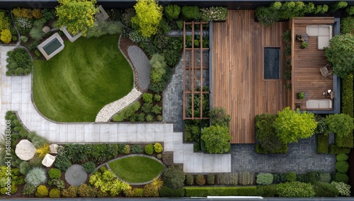 Fototapeta Naklejka Na Ścianę i Meble -  Bird's-eye view of a modern, landscaped backyard featuring a curved lawn, stone pathways, lush greenery, and a spacious wooden deck with seating