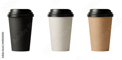 Wallpaper Mural Set of three tall coffee cup mockups in black kraft and white paper with black lids on transparent background Torontodigital.ca