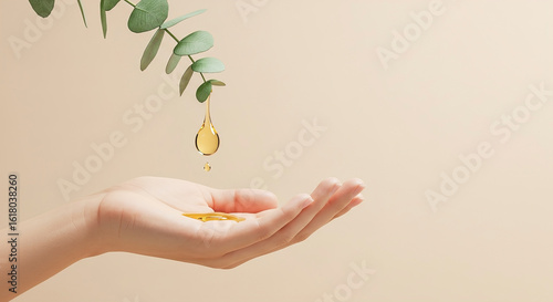 Eucalyptus branch with oil drop cascading into an open hand