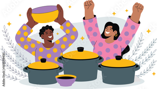 PrintCheerful Diverse Friends Celebrating Culinary Success with Pots and Bowls: A Vibrant Illustration of Joyful Cooking, Teamwork, and Shared Delicious Moments – Perfect for Food Blogs, Recipe Websit