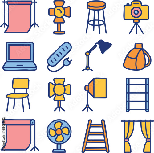 Photography Studio Equipment Icons Set Including Backdrop Lights Camera Laptop Chair Fan Ladder and Curtains Depicted in a Flat Colorful Style