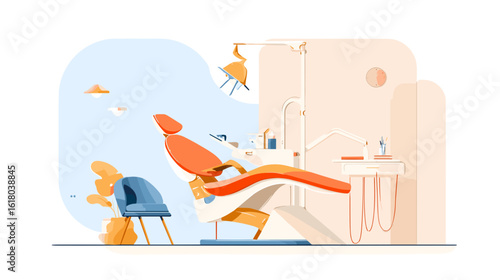 Dental office with modern chair and equipment in minimalist style  