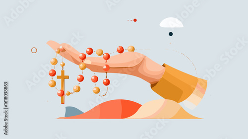 Hand presenting rosary beads with cross in abstract design  