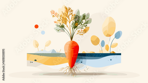 Carrot with greenery and roots illustrated in colorful style  