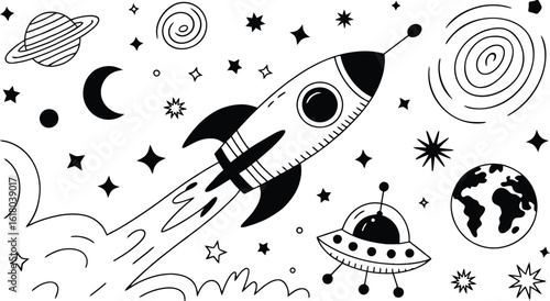 Hand-Drawn Space Exploration Doodle Art Collection - Rocket Ship, UFO, Planets, Stars, Moon, Earth, Galaxies - Whimsical Outer Space Elements for Design