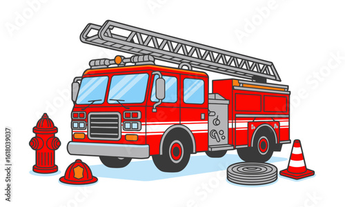 Detailed Cartoon Fire Truck with Firefighting Equipment - Hydrant, Helmet, Hose, Traffic Cone - Emergency Services and Rescue Vehicle Illustration