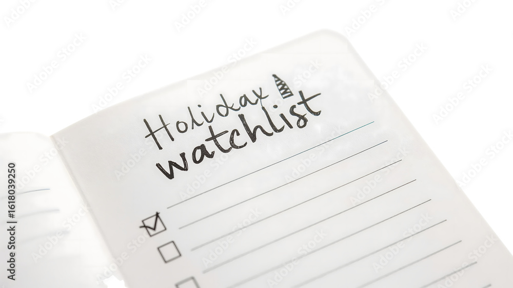 Holiday watchlist notebook with checkboxes for planning and organizing seasonal activities Holiday watchlist notebook with checkboxes for planning and organizing seasonal activities
