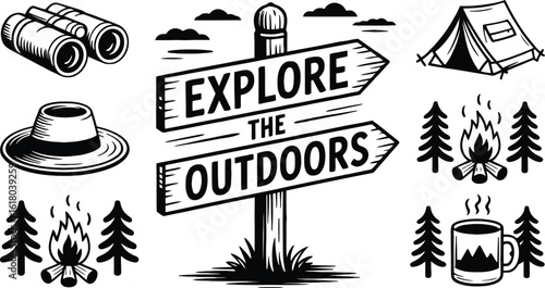 Explore The Outdoors" Wooden Sign Post with Vintage Engraved Camping & Adventure Icons - Tent, Bonfire, Binoculars, Hat, and Trees Line Art Set