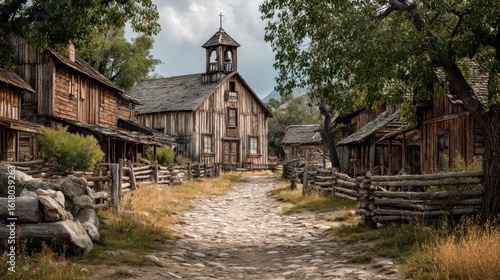 Historical charm of a rustic pioneer village with wooden buildings and church