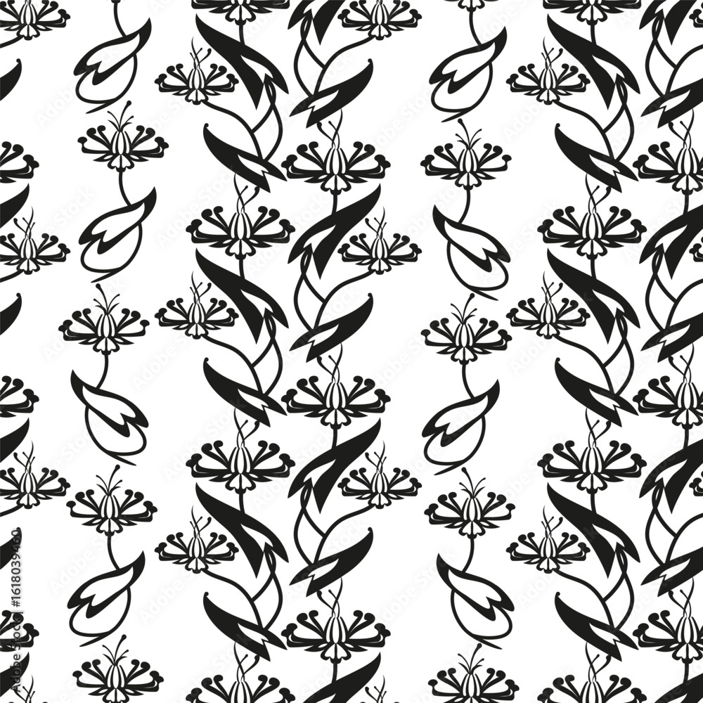 Fototapeta premium Art nouveau style floral seamless pattern. Black and white flowers and leaves on a white background, vector.