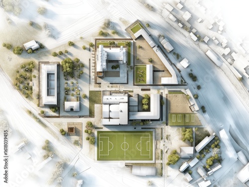High-angle architectural rendering of a campus featuring multiple buildings, courtyards, a soccer field, and surrounding residential areas, rendered in muted tones with a soft, aerial perspective