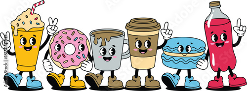 Cute Cartoon Characters: Happy Dessert and Drink Collection - Milkshake, Donut, Coffee Mug, To-Go Cup, Macaron, Soda Bottle - Fun, Whimsical, and Adorable Food and Beverage Illustrations for Design 