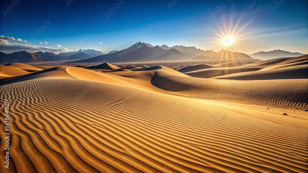 Naklejka premium Desert Sand Dunes Sunset Background – Golden Hour, Landscape, Nature, Horizon, Arid, Minimalist, Travel, Dry, Desert Scene, Tranquil, Scenic, Sunlight, Texture, Sand Patterns, Wilderness