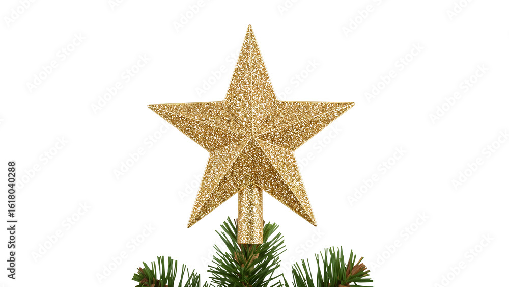 Obraz premium Glittering gold star tree topper on greenery festive holiday decoration