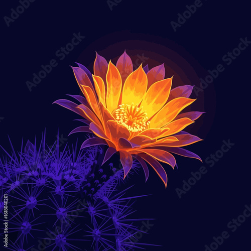 Luminous desert flower illustration showcasing a fiery orange and yellow cactus blossom glowing against a dark purple background at night.