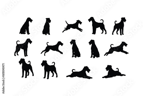 Airedale terriers in various poses silhouette black