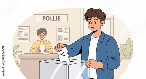 Young Man Casting Ballot at Polling Station Illustration