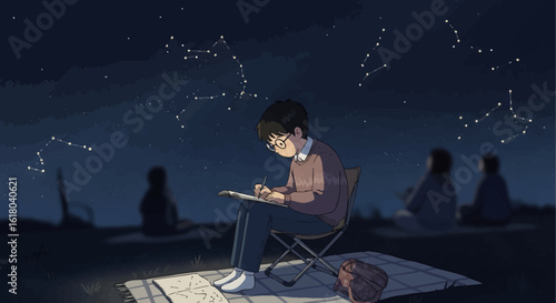 Young Astronomer Sketches Constellations Under a Starry Night Sky