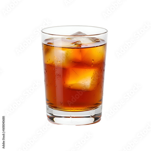 Iced brown drink in a glass tumbler.