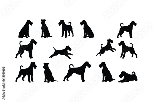 Airedale terriers silhouettes various poses black