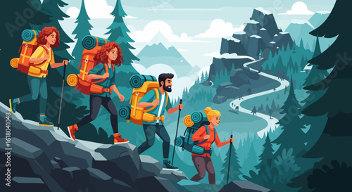 Adventurous Hikers Ascending Mountain Trail with Backpacks