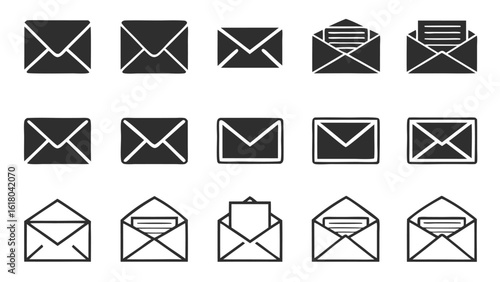 Collection of stylized envelope icons in various states of opening and closing