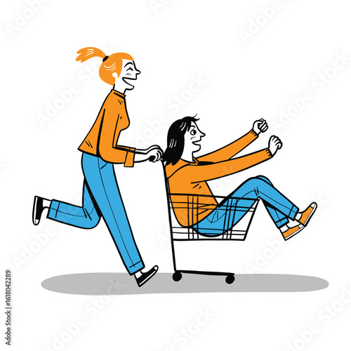 Playful Young Couple Having Fun with a Shopping Cart
