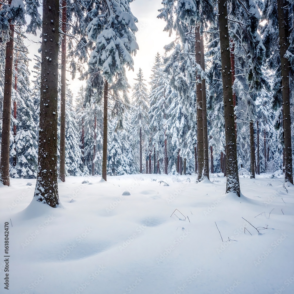 Fototapeta premium Snowy forest scene, winter wonderland