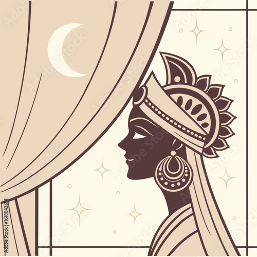 Elegant woman in traditional headdress gazing at the moonlit night sky
